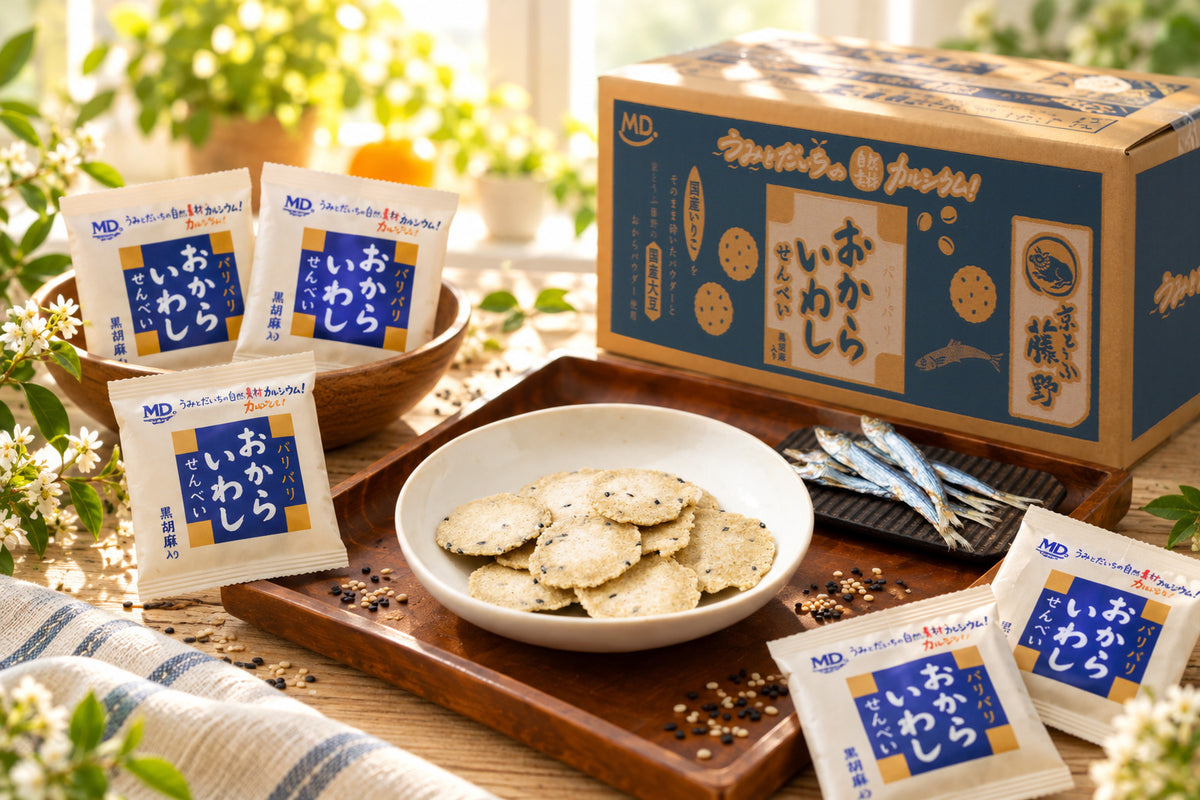 いわしの旨みとおからの風味。カルシウムと食物繊維を含む、素材のおせんべい
